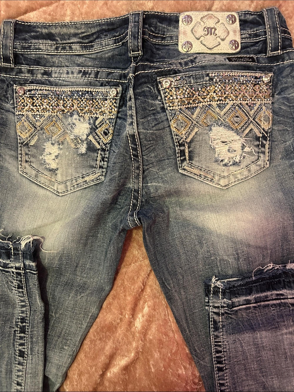 Miss Me Blue Distressed Skinny Jeans with Beaded Pocket Detail